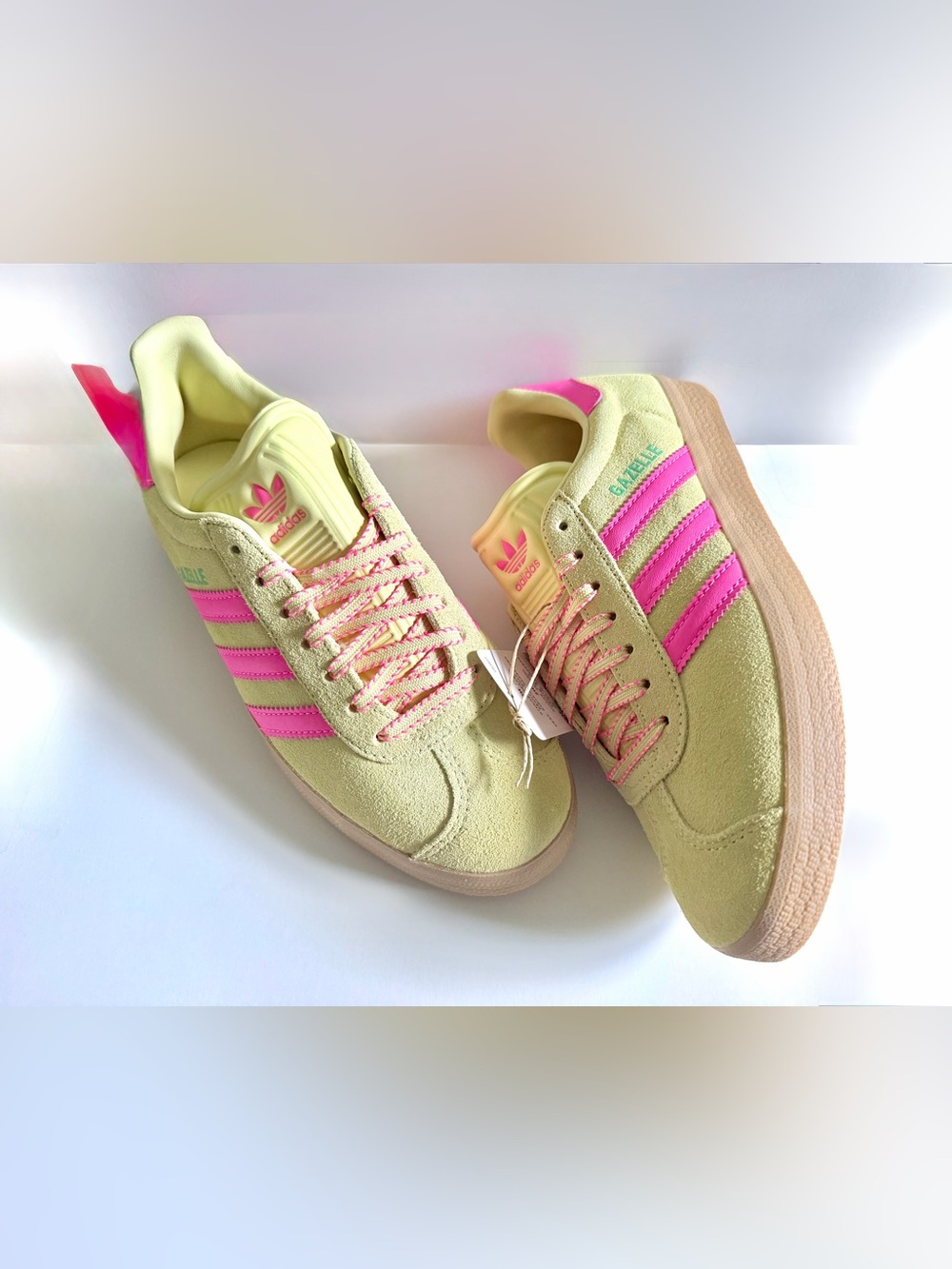 adidas Women’s Pale Yellow Suede Sneakers with Pink Stripes